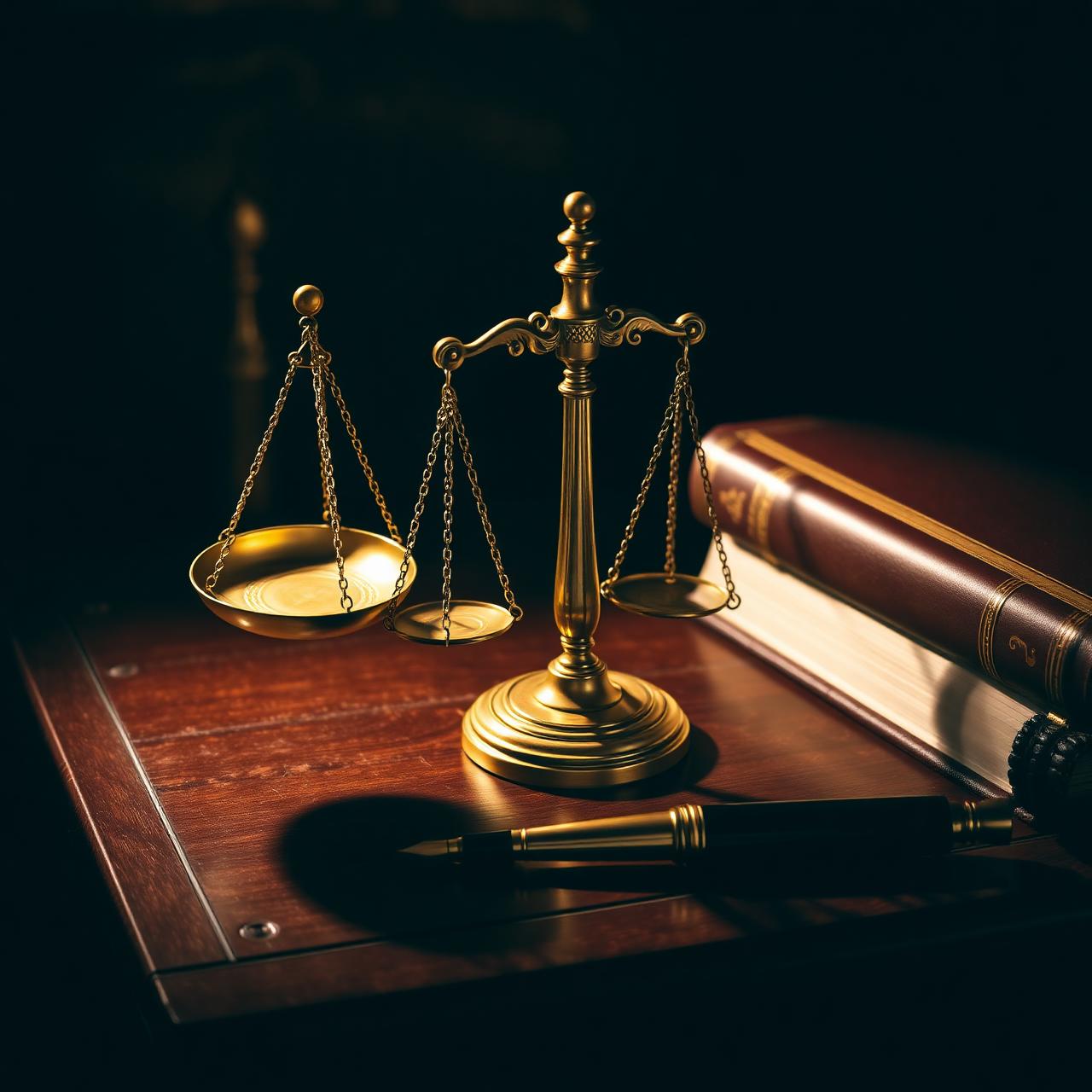 Brass scales of justice on a walnut desk